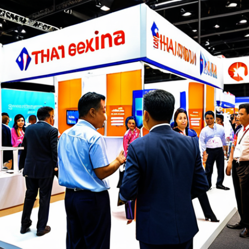 Home 4 **Image Prompt:** A bustling international trade show booth showcasing Thai products. Focus on vibrant colors, modern technology displays, and Thai cultural elements integrated into the booth design. Depict diverse business people networking and exchanging information. The overall feel should be energetic and optimistic about global expansion.