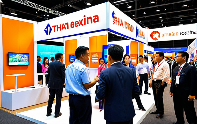 **Image Prompt:** A bustling international trade show booth showcasing Thai products. Focus on vibrant colors, modern technology displays, and Thai cultural elements integrated into the booth design. Depict diverse business people networking and exchanging information. The overall feel should be energetic and optimistic about global expansion.